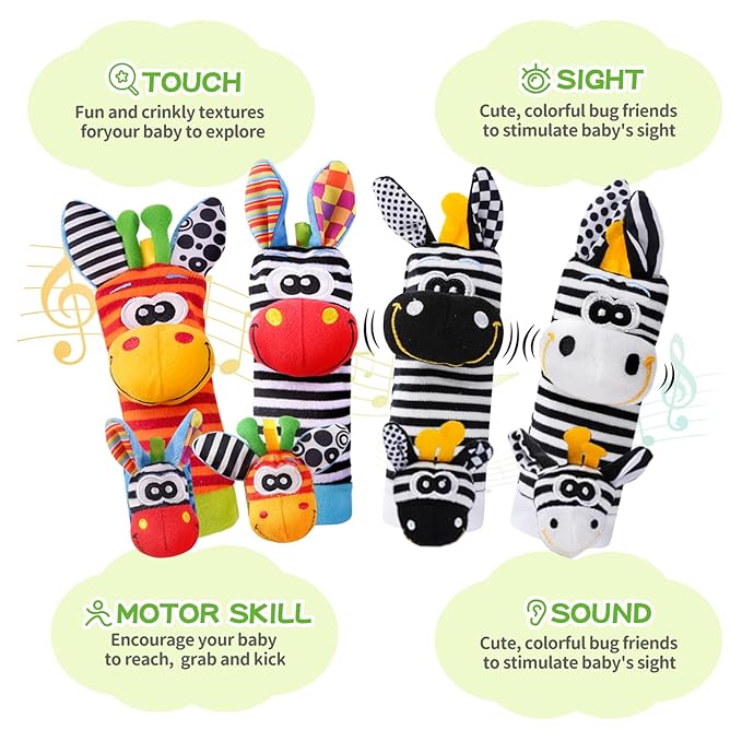 Baby Toys 0-6 Months,High Contrast Baby Toys for Newborn, 8 Pcs, Animal Wrist & Foot Rattles Socks Set, Sensory Rattle Toys for 0-12 Months, Babies Boy Girl Gifts