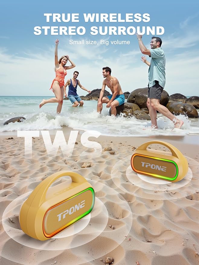 TPone Portable Bluetooth Speaker, 30W (Peak) Wireless Speaker for Outdoor, Up to 12H Playtime, IPX5 Waterproof with Light, TWS Pairing, for Home/Party/Outdoor/Beach, Birthday Gift (Peach Fuzz)