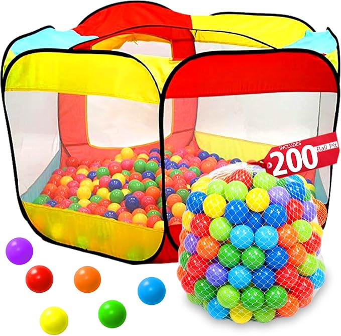 Kids Ball Pit Pop Up Large Tent for Toddlers - Indoor & Outdoor Gift Toys for Infants Girls & Boys, Baby Playpen with Zippered Storage Bag, 200 BallPit Balls Included