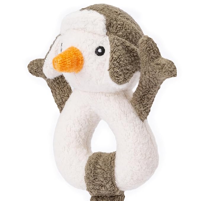 Organic Cotton Stuffed Animal Rattle Baby Toys, Plush Snowman Cuddle Cloth and Hand Grip Ring Rattles Plush Toy Set for Newborns Infant Boys Girls, 2 PCS
