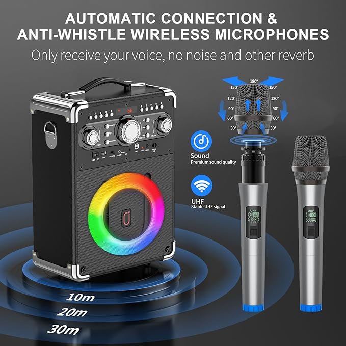 Karaoke Machine with 3 Wireless Microphones for Adults, Portable Bluetooth Party Speaker with Echo Adjustment, Singing Machine Support TWS/USB/TF Card/Guitar/TV Connected for Outdoor/Events etc
