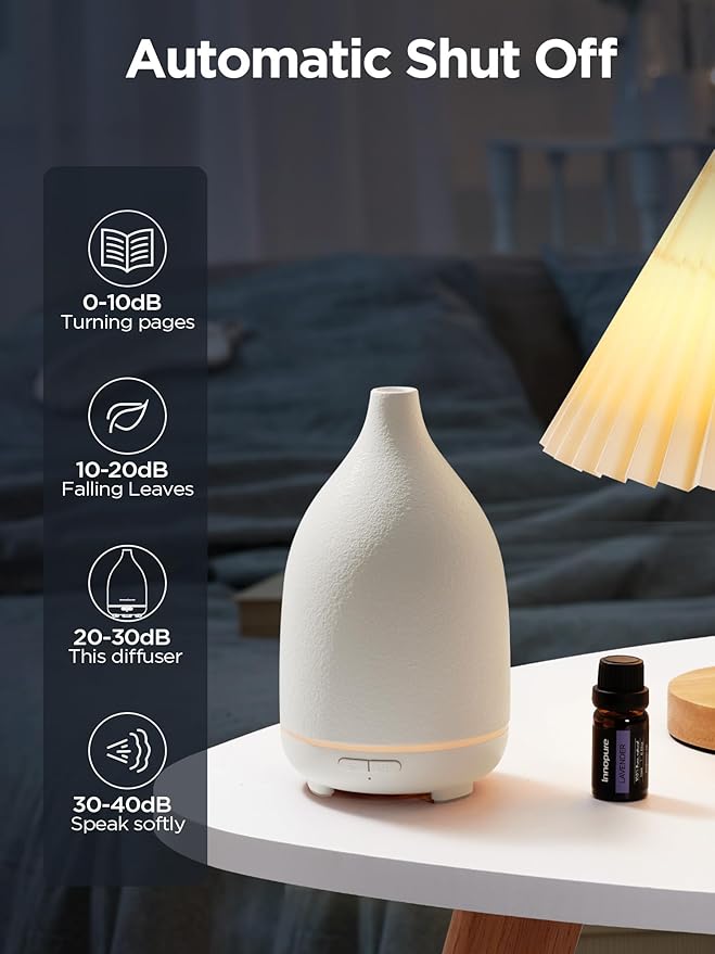 InnoGear Oil Diffuser, 150ML Ceramic Diffuser for Essential Oils Handcrafted Aromatherapy Diffuser Ultrasonic Cool Mist Humidifier with 2 Mist Modes Waterless Auto Off for Room Office, White Base