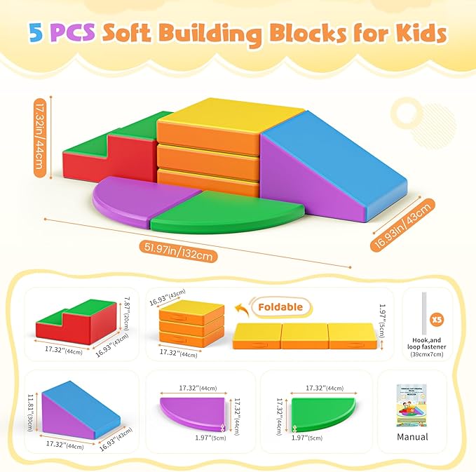 Lischwert Foam Climbing Blocks for Toddlers 1-3, 5pcs Foldable Soft Play Set with Crawling Exploration Toys - Indoor Infant Safe Blocks for Baby Gym & Toddler Playground