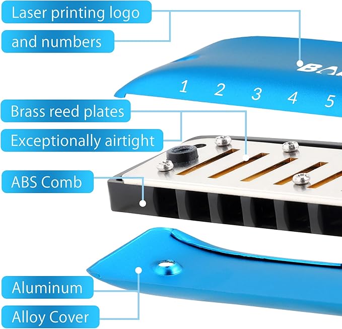 BabyFat 7 Hole Blues Mini Harmonica Set,Diatonic Harmonica with free lanyards,Gifts for Kids and Beginners,Easy-playing Musical Instrument(A Key）