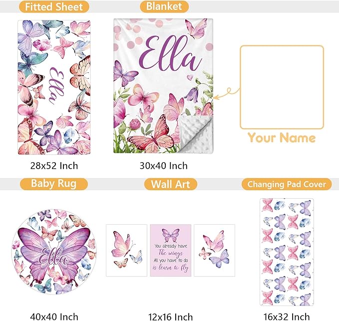 Personalized Baby Bedding Set, 5 Pcs Custom Infants Bedding Set with Infant Name, Double Layer Nursery Crib Set for Girls Boys, Customized Gifts for Toddler Baby Shower, Pink & Purple Butterfly