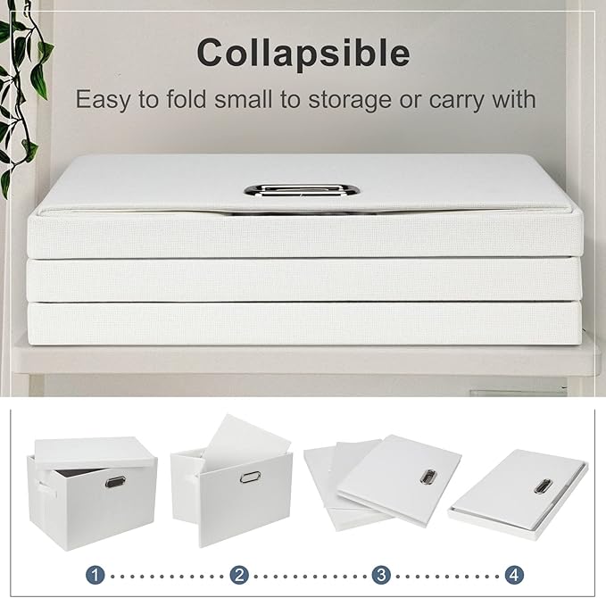 Large 17" 36 Quart Collapsible Stackable Storage Bins with Lids, 3 Packs White Linen Fabric Closet Boxes with Lids, Storage Cube Baskets Container Organizers for Bedroom Office(17 x12 x11)