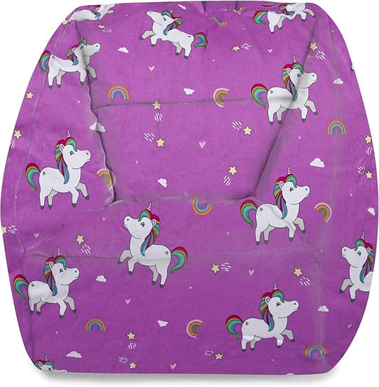 Posh Creations Structured Comfy Bean Bag Chair for Gaming, Reading, and Watching TV, Coronado Chair, Canvas - Unicorn and Rainbows on Purple