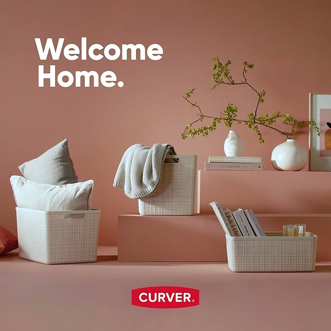 Curver Set of 4 Jute Large Cube Decorative Plastic Organization and Storage Baskets, Perfect Bins for Home Office, Closet Shelves, Kitchen Pantry and All Bedroom Essentials, Black