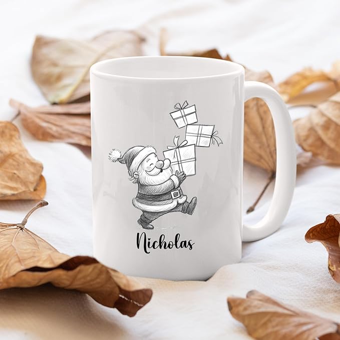Santa Claus White Ceramic Teacup, Personalized Santa Claus Accent Coffee Mug Gift For Grandson Boyfriend Brother on Christmas Holiday, Unique Birthday Coffee Cup 11 Oz 15 Oz, Custom Name Kids Teacup