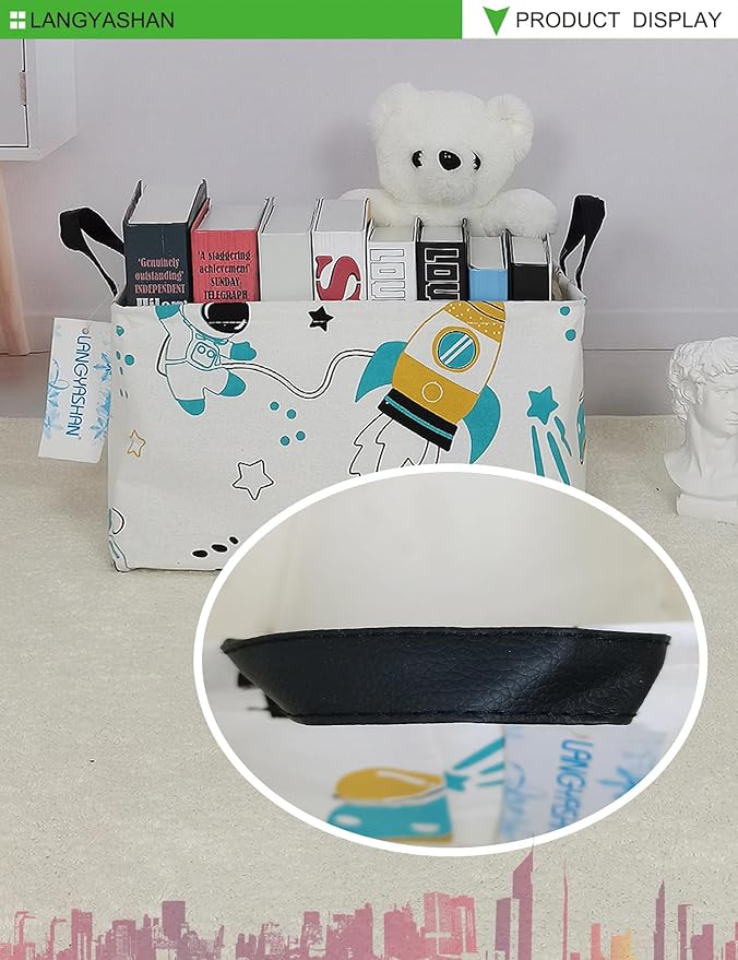 LANGYASHAN Rectangular Storage Bin Collapse Canvas Fabric Cartoon Storage Basket with Handles for Organizing Home Kitchen Boys and Girls Toys Office Closet Shelf Baskets (Rec space astronaut)