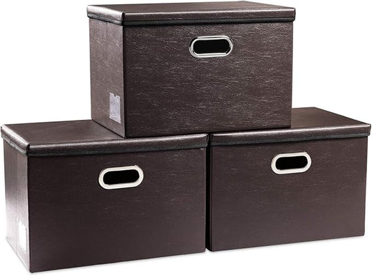 PRANDOM Large Foldable Storage Bins with Lids [3-Pack] Leather Fabric Collapsible Storage Boxes Organizer Containers Baskets Cube with Cover for Home Bedroom Closet Office Brown(17.7x11.8x11.8)