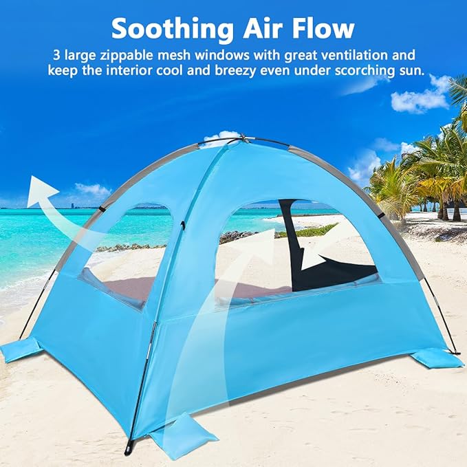 NXONE Beach Tent Sun Shade Shelter for 3/4/6 Person Person with UV Protection, Extended Floor, 3 Mesh Roll Up Windows & 8.0/8.5mm Fiberglass Rods丨Carry Bag Included