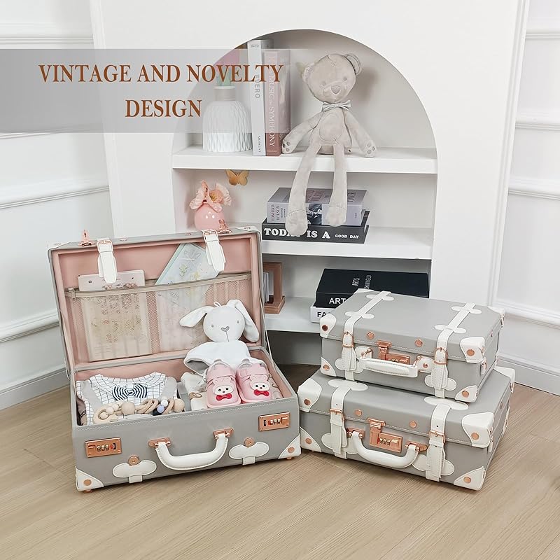 Unitravel Baby Keepsake Case, 13" Handmade Memory Storage Box, Newborn Keepsake Box, Vintage Suitcase for Baby Shower, Baptism, Naming Ceremony or Birthday (grey)