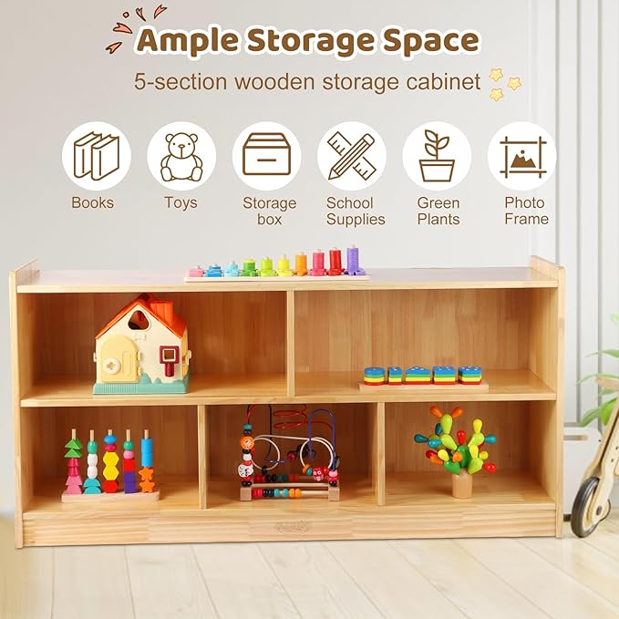Montessori Shelf, 47-1/4" L Toy Shelf, Toy Storage Organizer with 2-Layer Bookshelf, 5-Section Wooden Storage Cabinet, Bookshelf for Kids Rooms, Playroom, School, Nursery