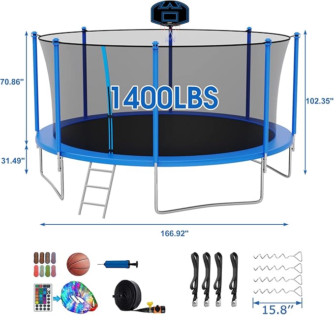 SKYUP Tranpoline 1500LBS 16 15 14 12 10 8 FT Tranpoline for 7-10 Kids and Adults, Windproof Outdoor Tranpoline with Enclosure Net, Basketball Hoop, Easy to Install & Last Long - ASTM Approved