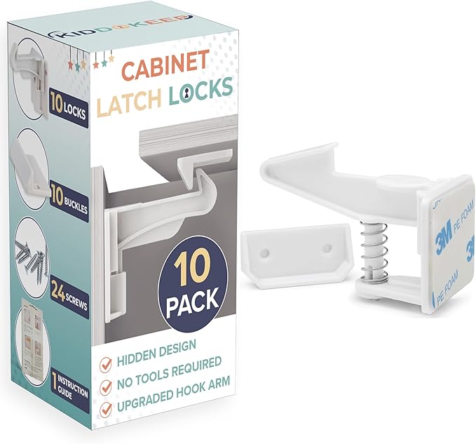 Upgraded Baby Proofing Cabinet Latches for Toddlers - 10 Pcs White Child Proof Cabinet Locks for Child Safety, Easy Set Up Child Locks for Cabinets and Drawers Security for Baby Proof Pantry