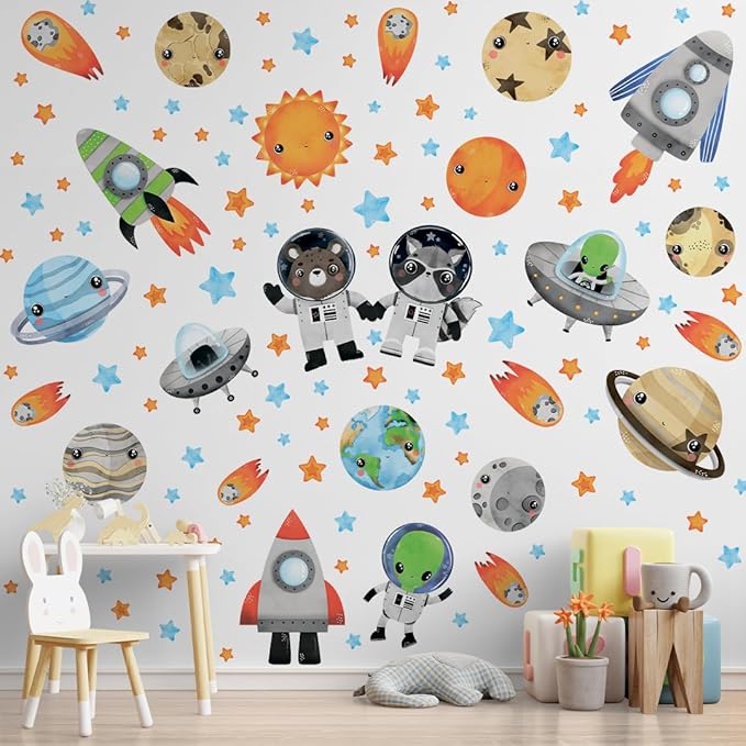 Solar System Wall Decals Astronaut Animals - Peel and Stick Outer Space Stickers with Planets and Stars for Kids Room, Boys or Girls Bedroom, Toddler Nursery, Playroom, Daycare Wall Decor -L Size
