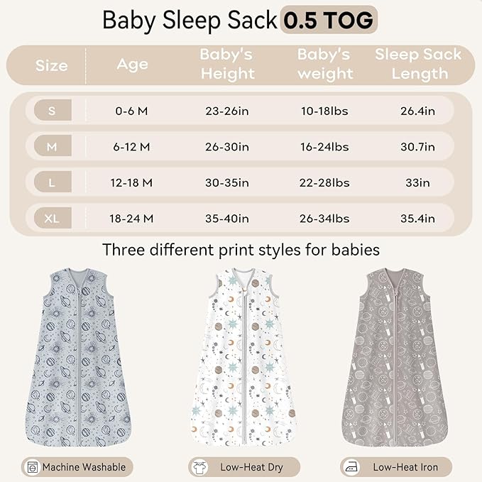 Baby Sleep Sack 18-24 Months 3 Pack 100% Cotton Lightweight 0.5 TOG Wearable Blanket Baby Sleep Bag with 2-Way Zipper for Newborn Infant White Gray Blue Space