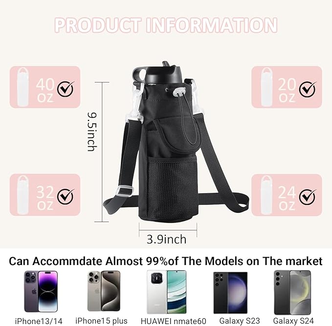 RRegeny【NEW STYLE Water Bottle Holder Crossbody Bag with Shoulder Strap, Leakproof Water Bottle Carrier for Hydro Flask16-40oz, Hands-Free Fitness Bag with Zipper Pockets for Hiking Travel Gym