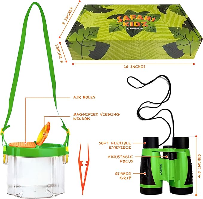 Bug Hunting Kit, Green Safari Vest, Hat, Binoculars, Lg. Butterfly Net, Bug Container, Whistle, Flashlight, Magnifier, Thermostat, Compass, Age 3+