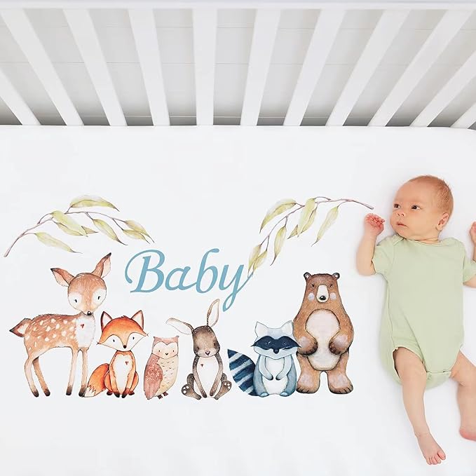 PINNKKU 3-Piece Crib Bedding Set for Boys, Includes Crib Skirt, Blanket, Sheet, Woodland Animals, Standard Size