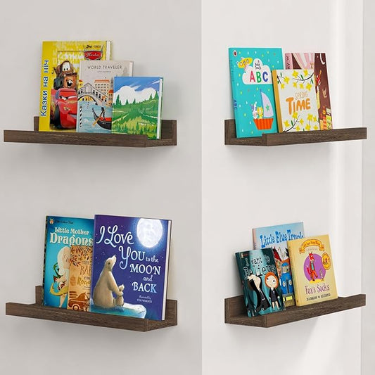 Forbena Dark Wood Nursery Floating Shelves for Wall Set of 4, Short Wall Bookshelf for Kids Bedroom, Wooden Hanging Book Shelves with Rail for Nursery Books, Baby Room Bathroom Storage (Dark Brown)