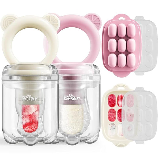 Bear Baby Fruit Food Feeder & Mini Freezer Nibble Tray Combo, 2 Pack Breastmilk Popsicle Molds for Baby Teething Relief, BPA Free Silicone Feeder for Safe Infant Self Feeding, Dishwasher Safe