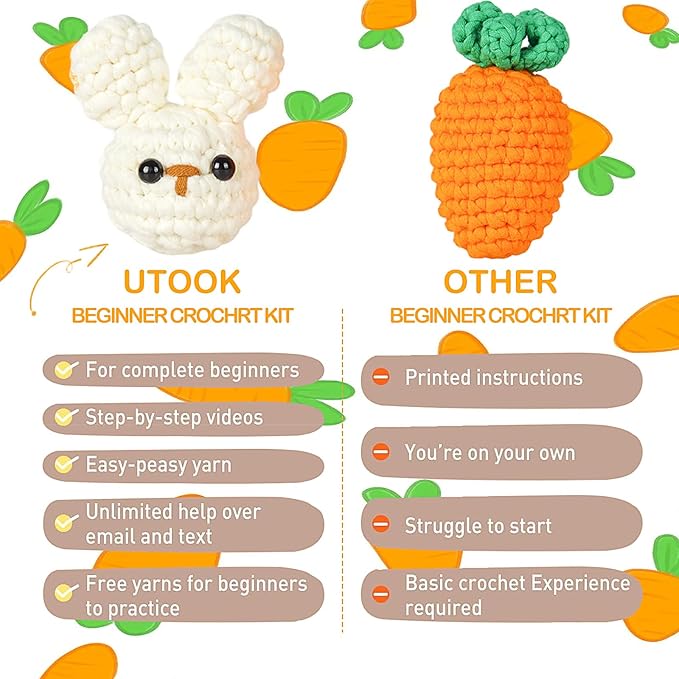 Utook Crochet Kit for Beginners, Crochet Animal Kit,Crochet Kits for Beginners Adults and Children, with Instructional Videos and Paper Tutorials, Handmade Crafts, Holiday Gifts (Rabbit)