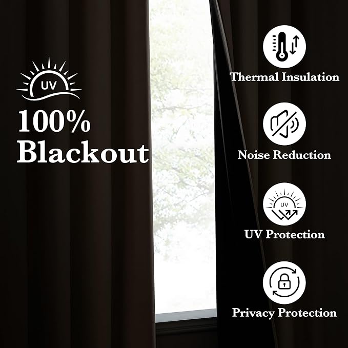 NICETOWN 100% Blackout Tan Curtains 96 inch Long, Grommet Thermal Insulated Portable Travel Blackout Window Treatment Easy to Install for Living Room/Bedroom, W52 x L96, 2 Panels