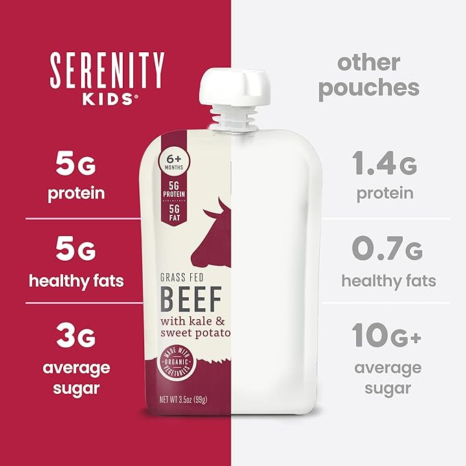 Serenity Kids 6+ Months Baby Food Pouch Puree - Grass Fed Beef, Kale & Sweet Potato - Ethically Sourced Meat & Organic Veggies - BPA-Free, 3.5 Ounce, 12 Count