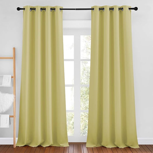 NICETOWN Room Darkening Curtains 90 inch Length - Triple Weave Energy Saving Thermal Insulated Solid Grommet Room Darkening Draperies for Bedroom/Living Room (1 Pair, W46 x L90, Paler Yellow)