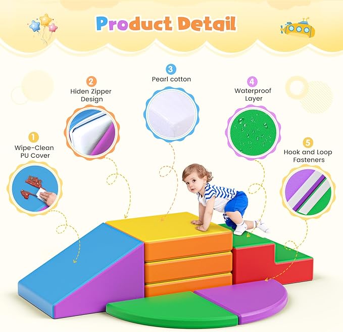 Lischwert Foam Climbing Blocks for Toddlers 1-3, 5pcs Foldable Soft Play Set with Crawling Exploration Toys - Indoor Infant Safe Blocks for Baby Gym & Toddler Playground