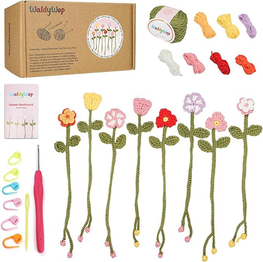 WaldyWop Crochet Kit for Beginners - 8 Flower Bookmarks Knitting Kit w/Step-by-Step Video Tutorials & Soft Yarn, Hook - Wobbles DIY Art Craft Kit for Adults Kids, Birthday Gifts for Women Girls Teen
