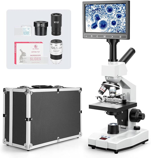 Constant Temperature Lab Monocular Compound Microscope 40X-2500X Magnification with 7" LCD Screen 5MP E-Eyepiece, Adjustable Thermostat Mechanical Stage for Husbandry, Pet Hospitals,Farms