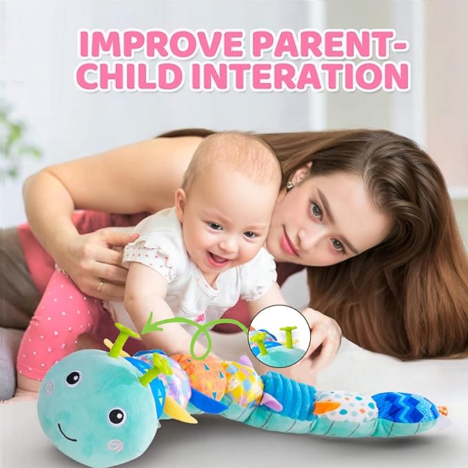 Baby Sensory Toys 0-12 Months, Plush Toys with Music and Rattle, Suitable for Newborn Baby Tummy time, can be Used as a Newborn Birthday, Holiday, Baptism Gift (Blue Caterpillar)