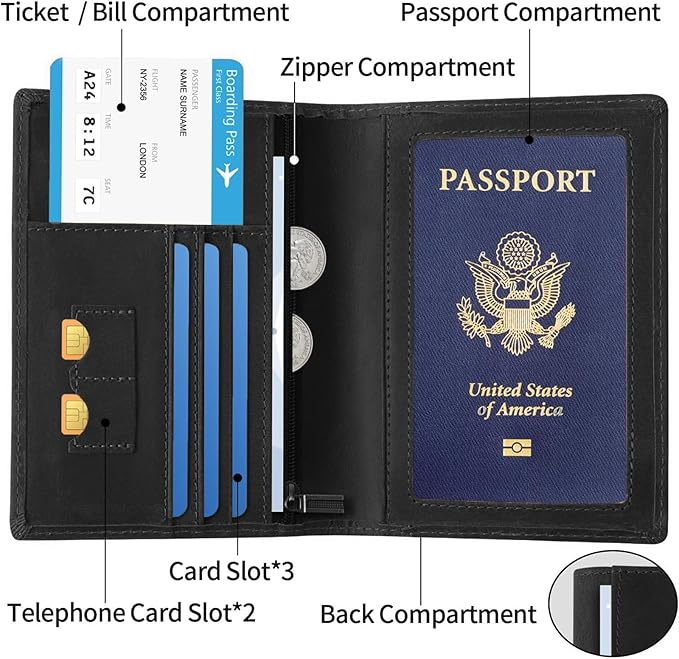 Ringsun Leather Passport Cover for Men Women, RFID Passport Wallet Case Travel Passport Holder for Family