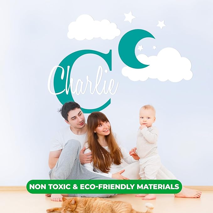 e-Graphic Design Inc Custom Name & Initial Moon Clouds Stars - Baby Boy - Nursery Wall Decal for Baby Room Decorations - Mural Wall Decal Sticker for Home Children's Bedroom (Wide 32" x 24" Heigh)