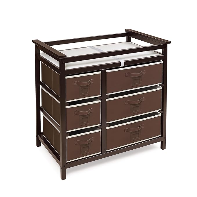 Badger Basket Modern Baby Changing Table with 6 Storage Drawers and Pad, Diaper Change Station - Espresso