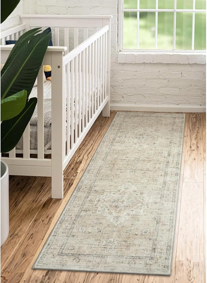 LIVEBOX Washable 2x6 Runner Rug for Bathroom, Non Slip Kitchen Mats for Floor Entryway, Boho Indoor Front Door Mat Low-Pile Runners for Hallways, Farmhouse Rugs for Bath Laundry, Tan