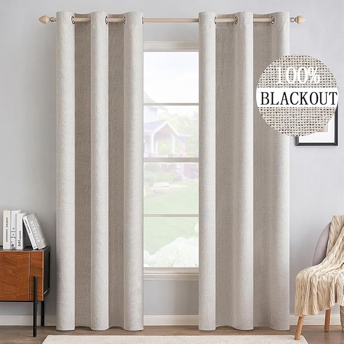 MIULEE 100% Blackout Linen Textured Curtains for Bedroom Solid Thermal Insulated Ivory Grommet Room Darkening Curtains & Drapes Luxury Decor for Living Room Nursery 42 x 90 Inch (2 Panels)