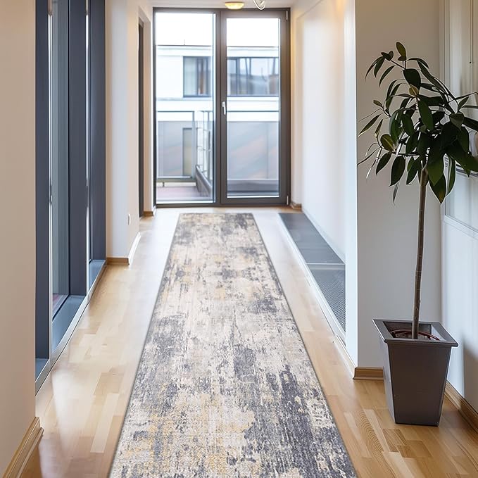 Washable Area Rugs 2'x10' Non-Slip Modern Abstract Soft for Living Room Entryway Bedroom Nursery, Print Pattern, Purple Grey Cream Yellow