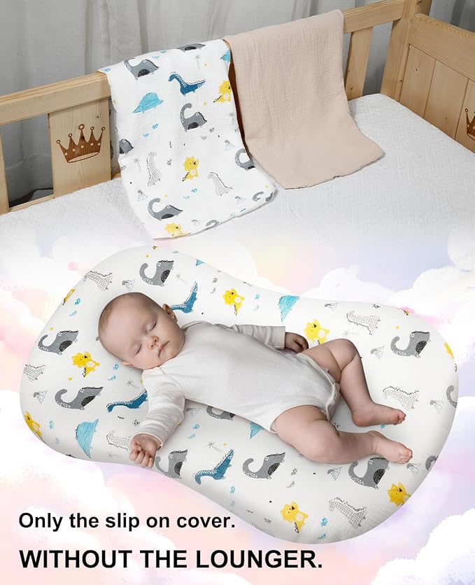 Muslin Baby Lounger Cover for Snuggle Me Organic Lounger/Baby Lounger/Organic Cotton Handmade Cover for Infant/Toddler Lounger/Nursing Pillow(White with Dinosaur, Wheat)