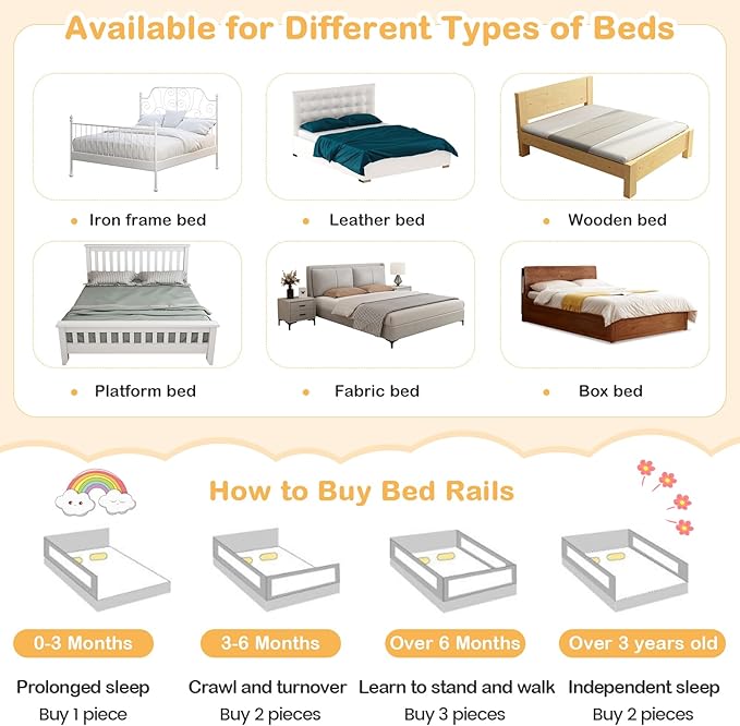 BABY JOY Bed Rail for Toddlers, 47''Long, Height Adjustable & Foldable Baby Bed Rail Guard w/Storage Pocket & Double Safety Child Lock for Kids Twin Double Full Size Queen King Mattress (Grey)