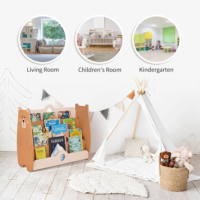 OOOK Montessori Bookshelf for Kids, Pine Wood Baby Bookshelf, Bear Toddler Book Shelf for Nursery, Playroom, Classroom