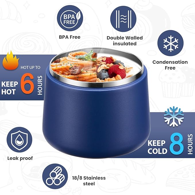 Soup Thermo for Hot Food Kids 14oz Lunch Containers with Buckle Lid Wide Mouth Hot Food Jar Vacuum Insulated Stainless Steel Bento Box Leakproof with Spoon(Blue)