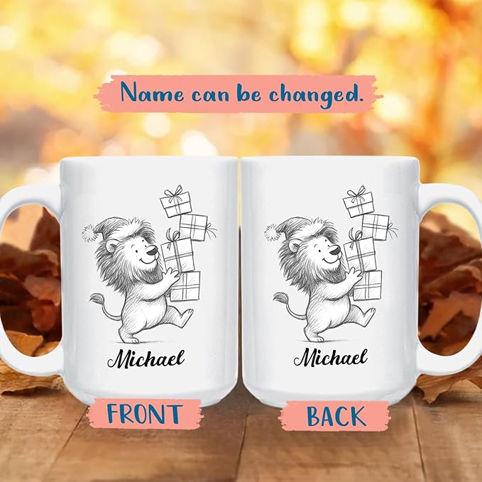 Personalized Lion Lover Coffee Cup 11 Oz 15 Oz, Lion Wild Animal Ceramic Coffee Mug Gift For Kids Child on Birthday Holiday, Custom Name Lions White Accent Teacup, Animal Travel Mug Gift For Friends