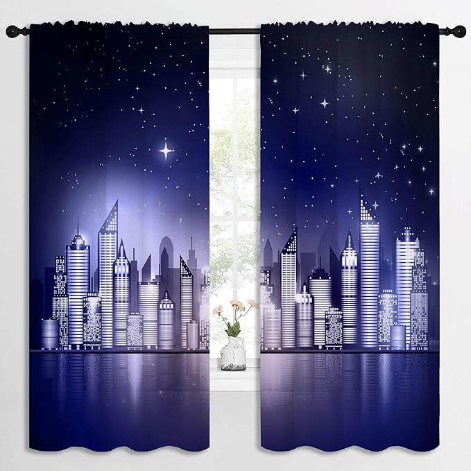 City Rod Pocket Blackout Curtains for Boy Girl Bedroom, New York Skyline Modern City Starry Sky Night View Thermal Insulated Home Window Drapes for Living Room Darkening, 72x63 inch
