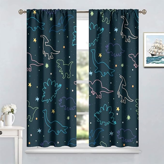 Cartoon Colorful Dinosaur Curtains for Kids Boys Girls Home Decor, Astronaut Funny Outer Space Star Blackout Rod Pocket Window Drapes for Bedroom Living Room W27.5xL63in 2 Panels