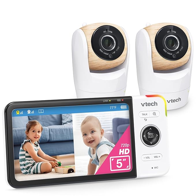 VTech VM928-2HD 5” 720p HD Display 2 Cameras Baby Monitor,110 Wide Angle View,Remote Pan-Tilt-Zoom,Night Vision,Up to 1000ft Range,Temperature Sensor,9 Soothing Sounds & Lullabies,2-Way Talk,No WiFi