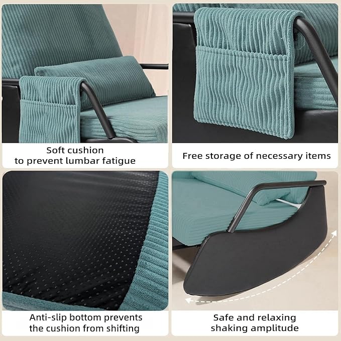 Rocking Chair for Nursery, Modern Upholstered Plush Seating Glider Recliner Chair with High Backrest and Side Pocket, Accent Armchair with Cushions for Living Room/Reading (Cyan Blue)